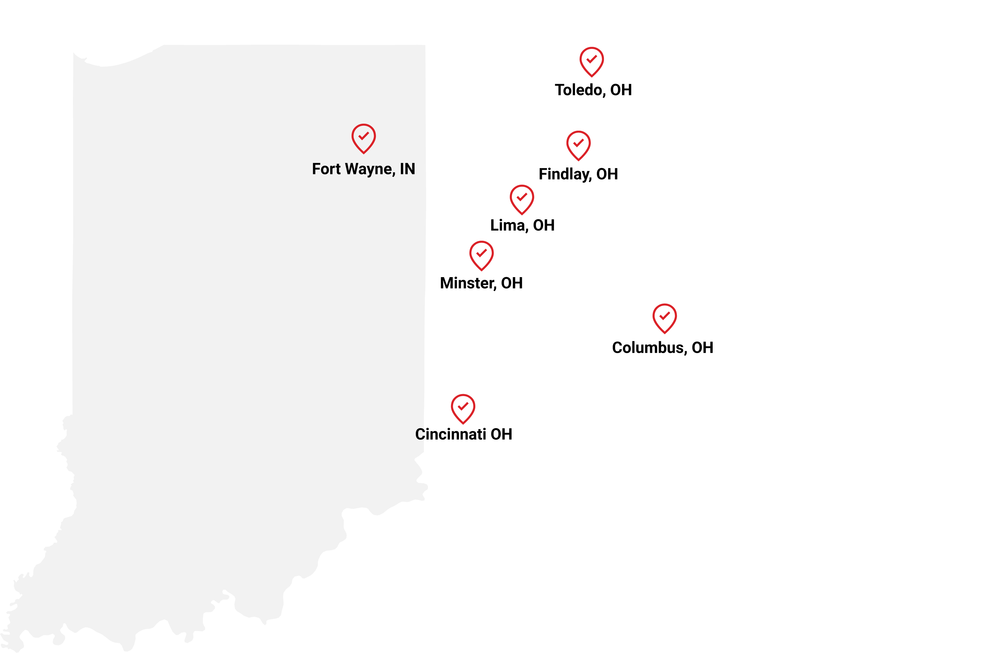 Map of Indiana and Ohio with Lima, Columbus, Cincinnati, Findlay, Toledo, Minster, Fort Wayne pinned